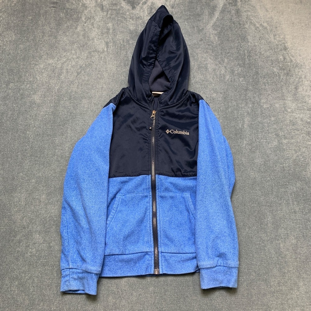Columbia Fleece Jacket Boys Small Blue Heather Logo Rugged Ridge Hooded Full Zip